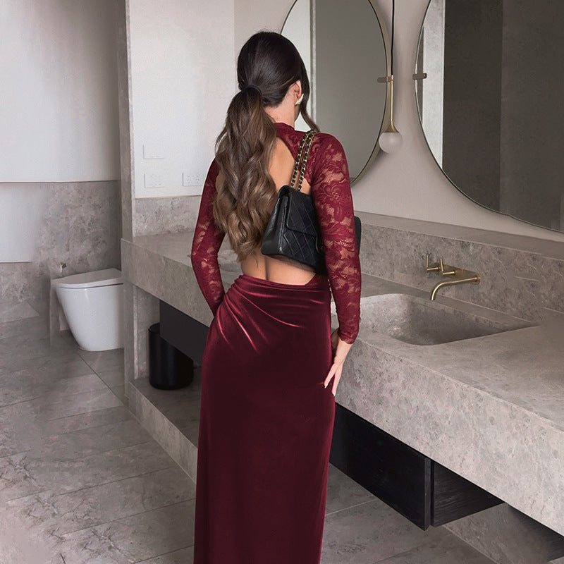 Damen Elegantes Maxi-Kleid mit Spitze und raffiniertem Taillengürtel Drune
