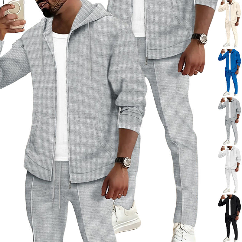 Herren nan Waffelstruktur-Jogginganzug mit Kapuzen-Zipjacke und konisch geschnittener Jogginghose Drune