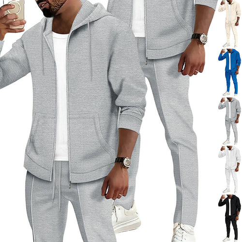 Herren nan Waffelstruktur-Jogginganzug mit Kapuzen-Zipjacke und konisch geschnittener Jogginghose Drune