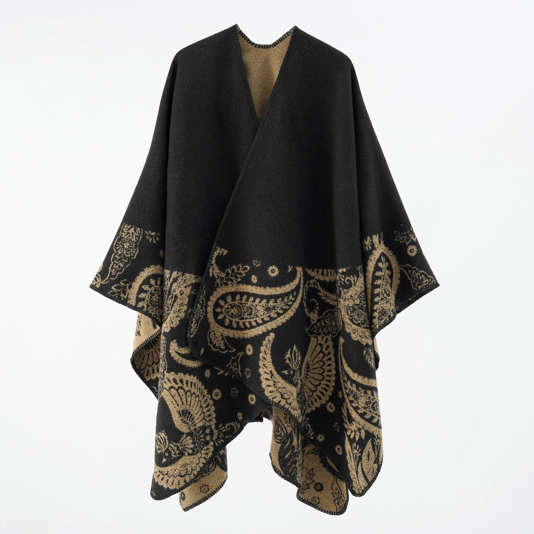 Damen Wollmix-Wendecape mit Paisley-Jacquard und offenem V-Ausschnitt Drune