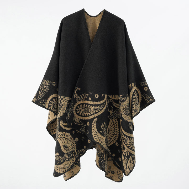 Damen Wollmix-Wendecape mit Paisley-Jacquard und offenem V-Ausschnitt Drune