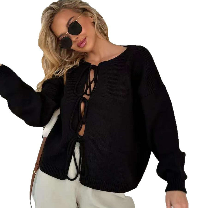 Damen Grobstrickpullover mit modischen Bindebändern und lässigem Schnitt Drune