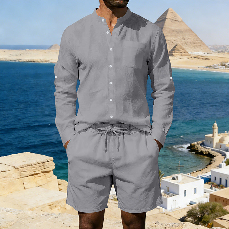 Herren nan sommerliches Leinen-Set mit Stehkragenhemd und Kordelzug-Kurzhose Drune