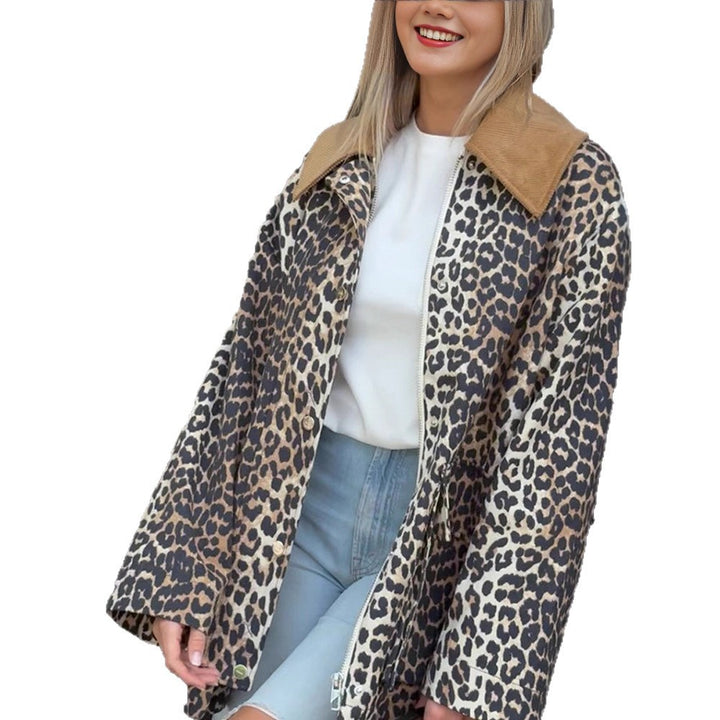Damen Oversize-Fieldjacke mit Leoprint und kontrastierendem Cordkragen Drune