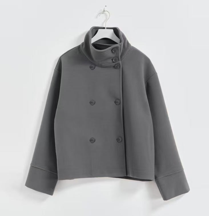 Damen Modische Cropped Jacke mit hohem Kragen und doppelter Knopfleiste Drune