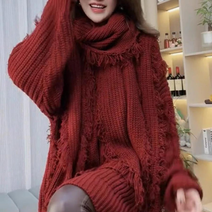 Damen Oversized Strickpullover mit Fransen und V-Ausschnitt Drune