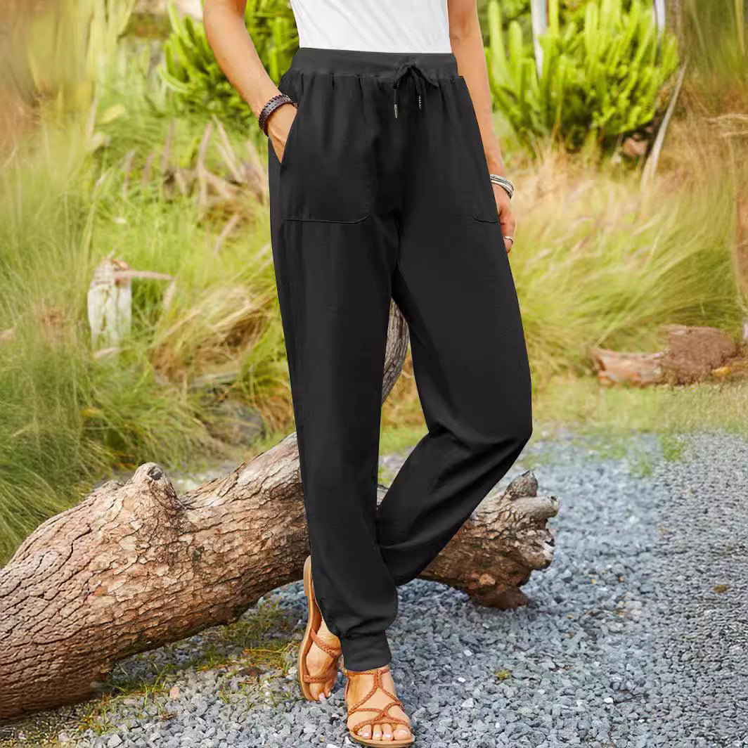 Damen entspannte Leinenhose mit verstellbarem Bund und praktischen Taschen Drune