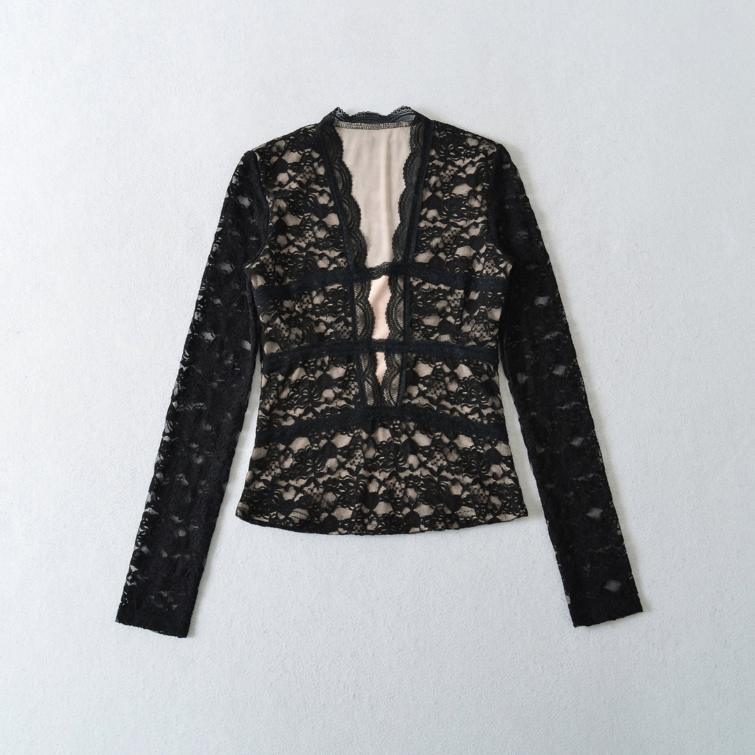 Damen Transparente Spitzenbluse mit V-Ausschnitt, taillierten Einsätzen und langen Ärmeln Drune