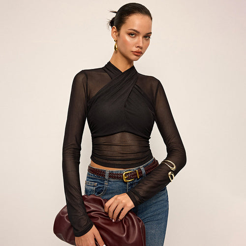 Damen Elegantes Langarm-Top mit Wickel-Design und transparenten Einsätzen Drune