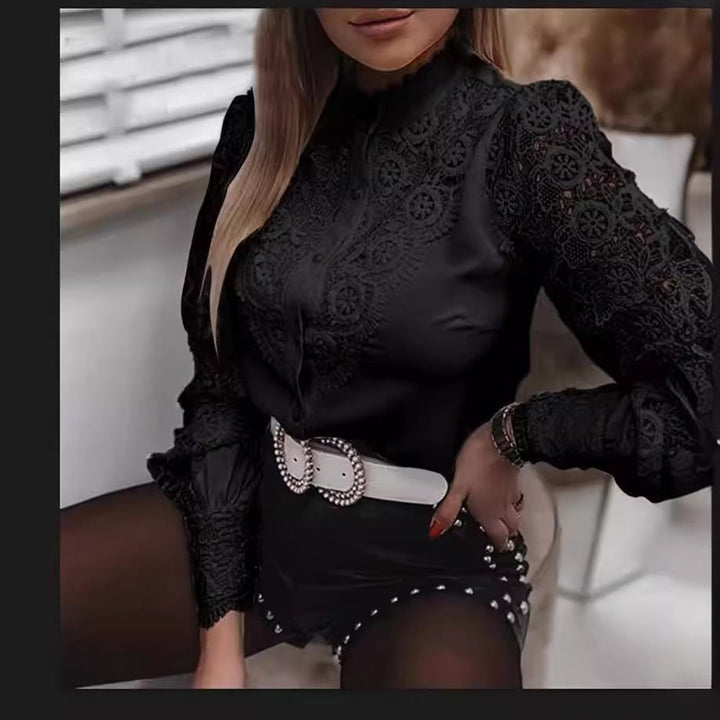 Damen Elegante Hemdbluse mit Spitzeneinsätzen, klassischem Kragen und Manschetten Drune