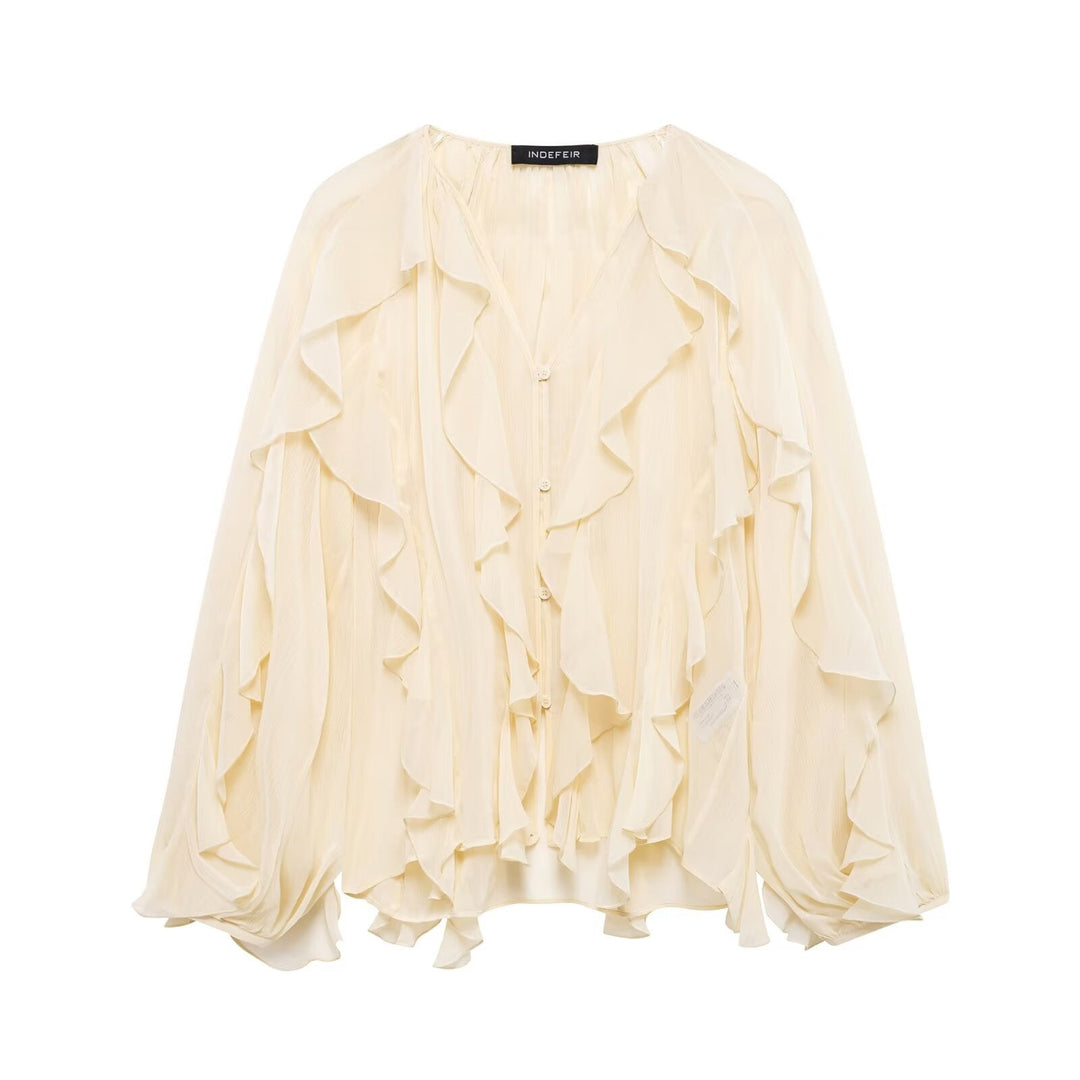 Damen nan feminine Chiffon-Volantbluse mit Ballonärmeln und V-Ausschnitt Drune