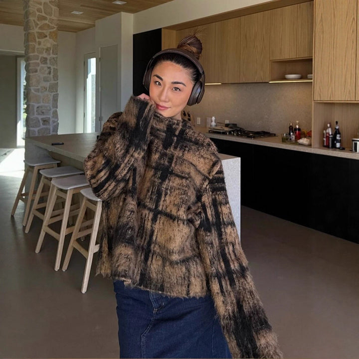 Damen Flauschiger Pullover im Vintage-Karo mit hohem Kragen und ausgefranstem Saum Drune