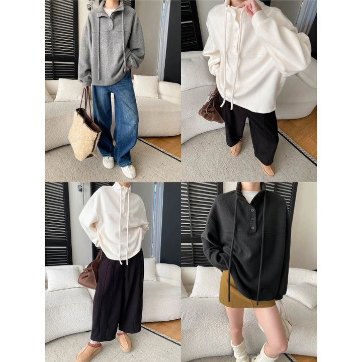 Damen lässiger Fleece-Pullover mit praktischen Knopfdetails und hohem Kragen Drune