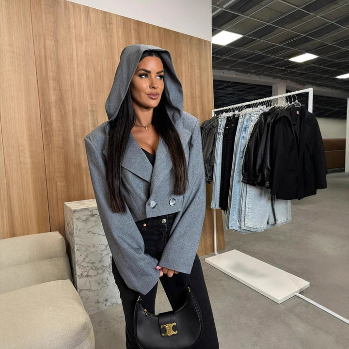 Damen Modische Jacke mit Kapuze und doppelter Knopfleiste Drune
