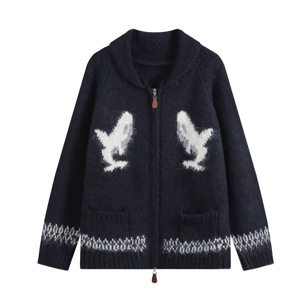 Damen Grobgestrickter Zip-Cardigan mit Schalkragen und Intarsia-Motiv Drune