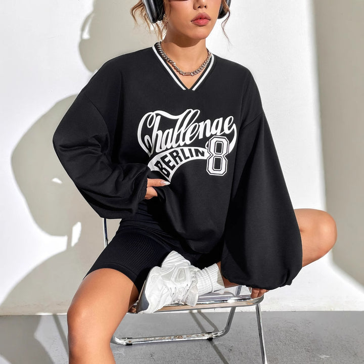 Damen lässiges Oversized Sweatshirt mit V-Ausschnitt und grafischem Print Drune