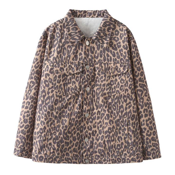 Damen nan weite Jeansjacke im Boxy‑Cut mit Leopardenmuster, Druckknopfleiste und aufgesetzten Brusttaschen Drune