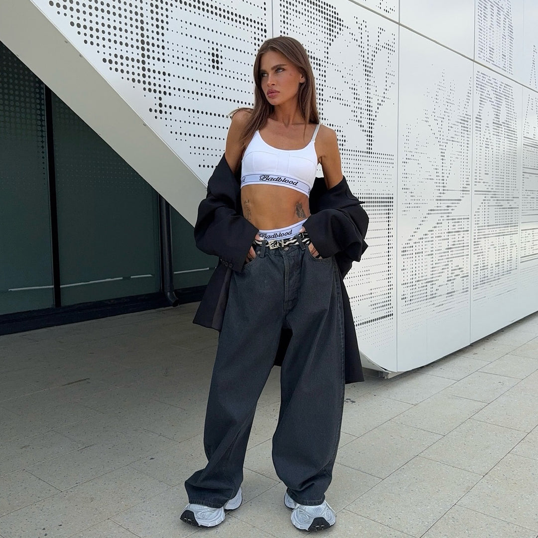 Damen weite Jeans mit modischem hohen Bund Drune