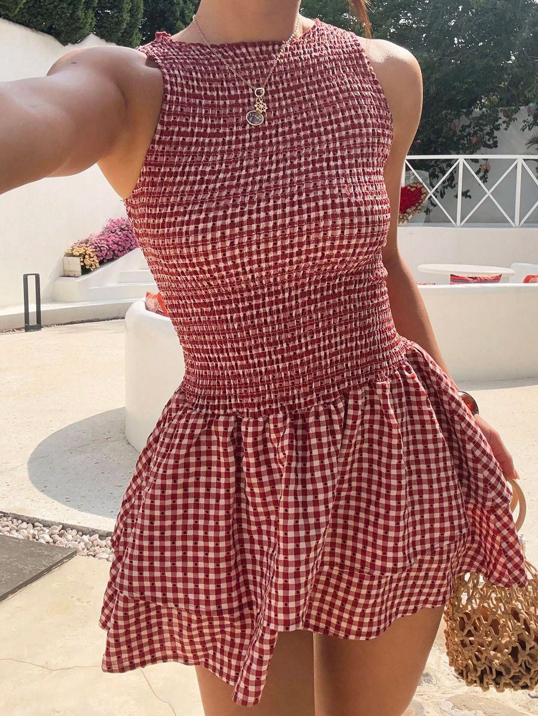 Damen ärmelloses Mini-Dress mit Karomuster und elastischem Bund Drune