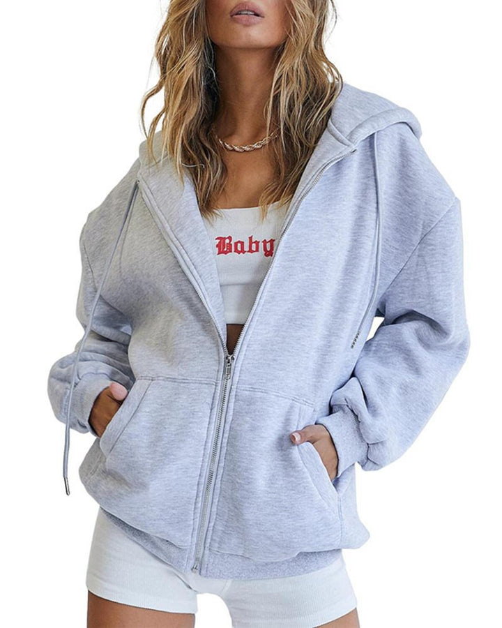 Damen Fleece-Zipjacke im Oversize-Stil mit Kapuze, Kängurutaschen und elastischem Saum Drune