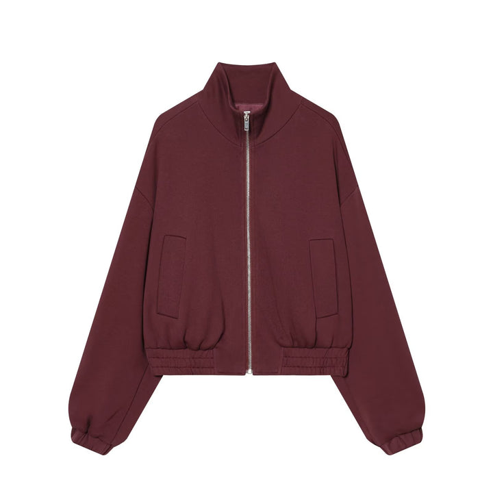 Damen Cropped Sweat-Bomberjacke mit hohem Stehkragen und elastischem Taillenbund Drune