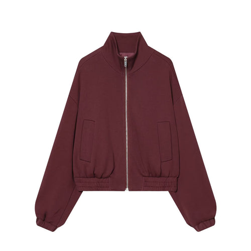 Damen Cropped Sweat-Bomberjacke mit hohem Stehkragen und elastischem Taillenbund Drune