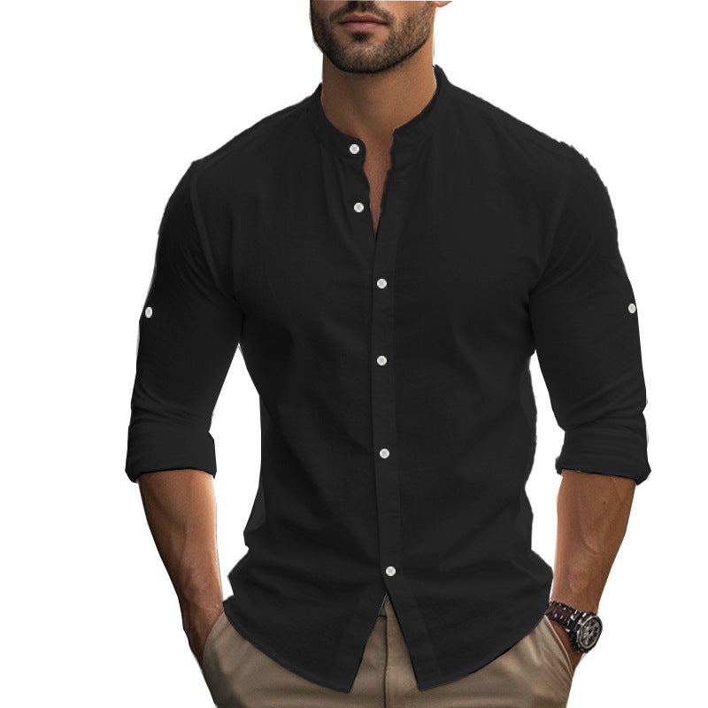 Herren Langarm-Hemd mit modernem Henley-Kragen und kontrastierenden Knopfdetails Drune
