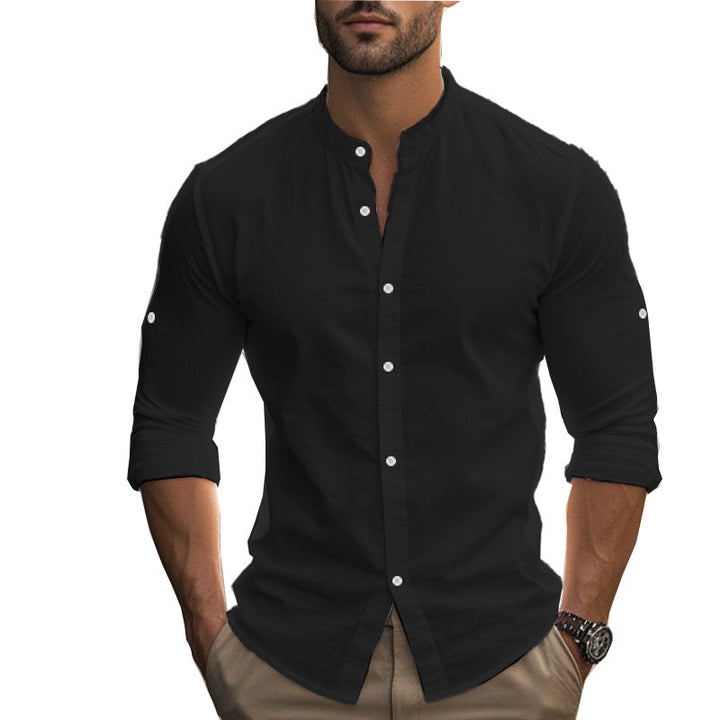 Herren Langarm-Hemd mit modernem Henley-Kragen und kontrastierenden Knopfdetails Drune