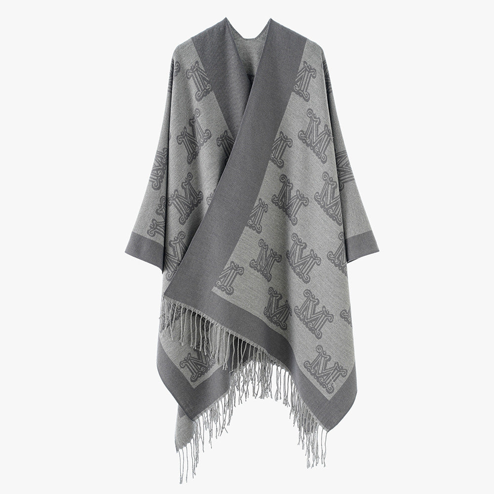 Damen Jacquard-Cape mit Monogramm‑Muster, offenem V‑Ausschnitt und Fransensaum Drune