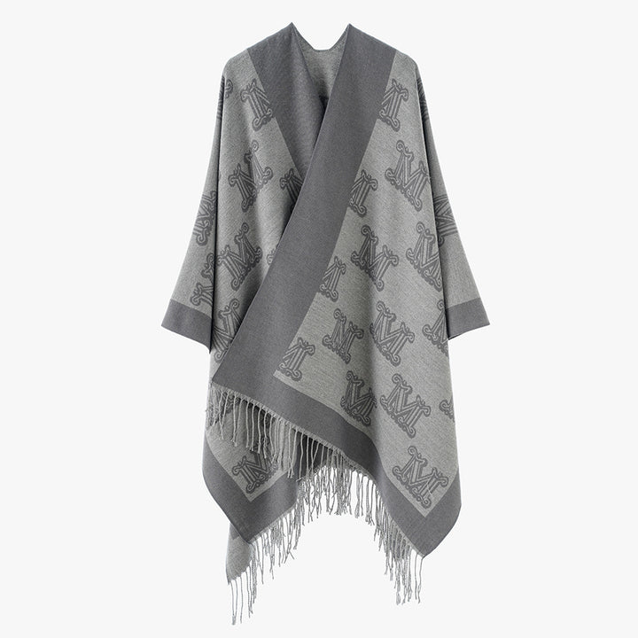Damen Jacquard-Cape mit Monogramm‑Muster, offenem V‑Ausschnitt und Fransensaum Drune