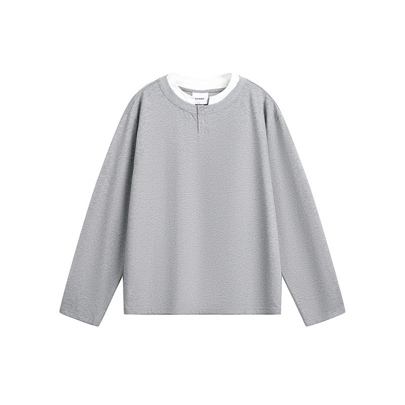Unisex Lässiges Layering-Henley-Langarmshirt mit Kontrast-Doppelkragen Drune