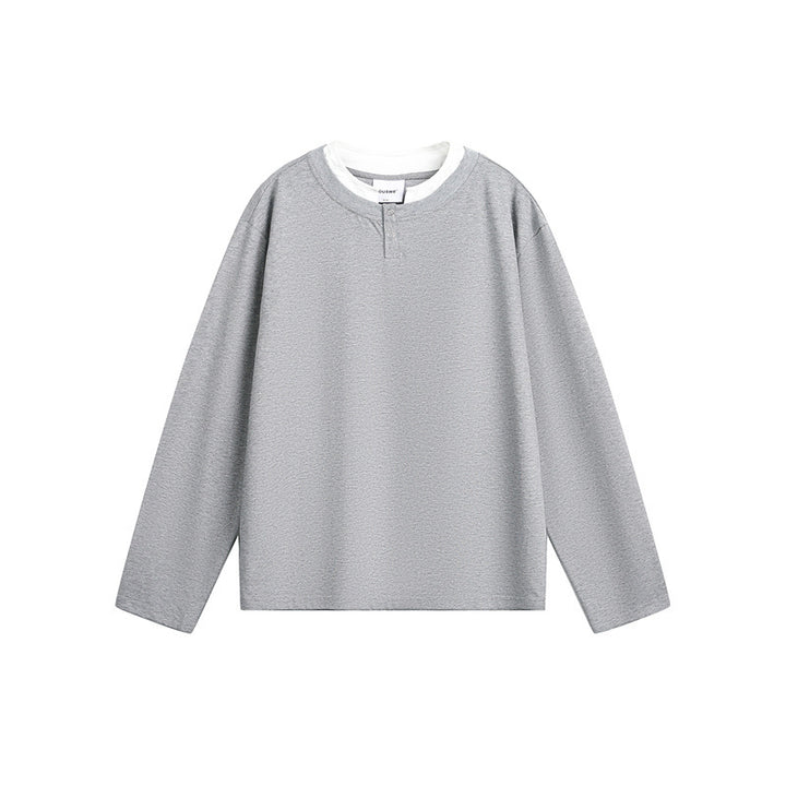 Unisex Lässiges Layering-Henley-Langarmshirt mit Kontrast-Doppelkragen Drune