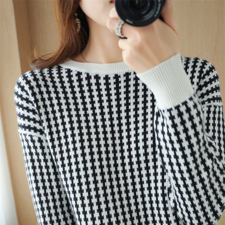 Damen Leichter Strukturstrick-Pullover mit Hahnentritt-Muster und breitem Rippbündchen Drune