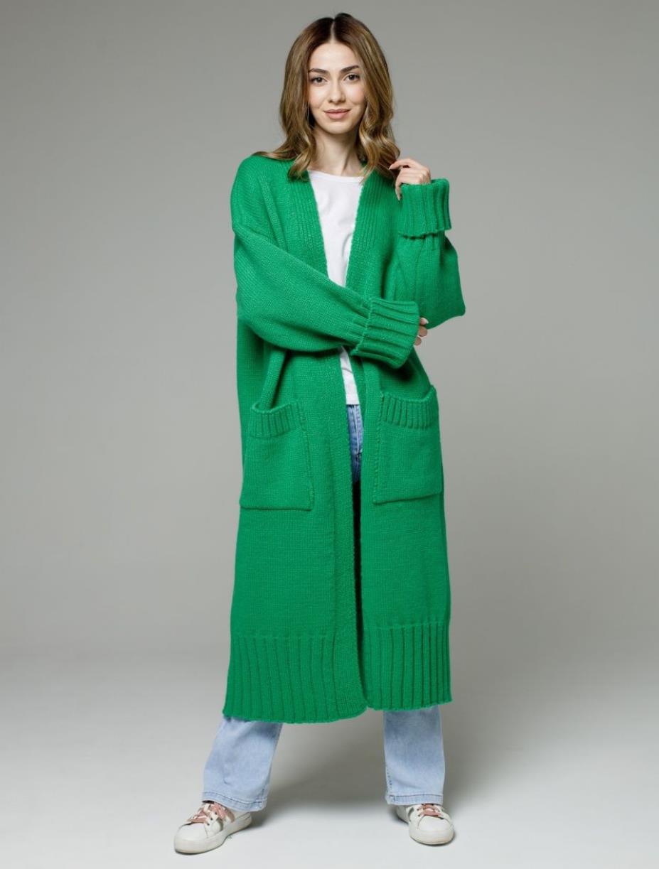 Damen bequemer langer Strickcardigan mit Taschen und breiten Ärmeln Drune