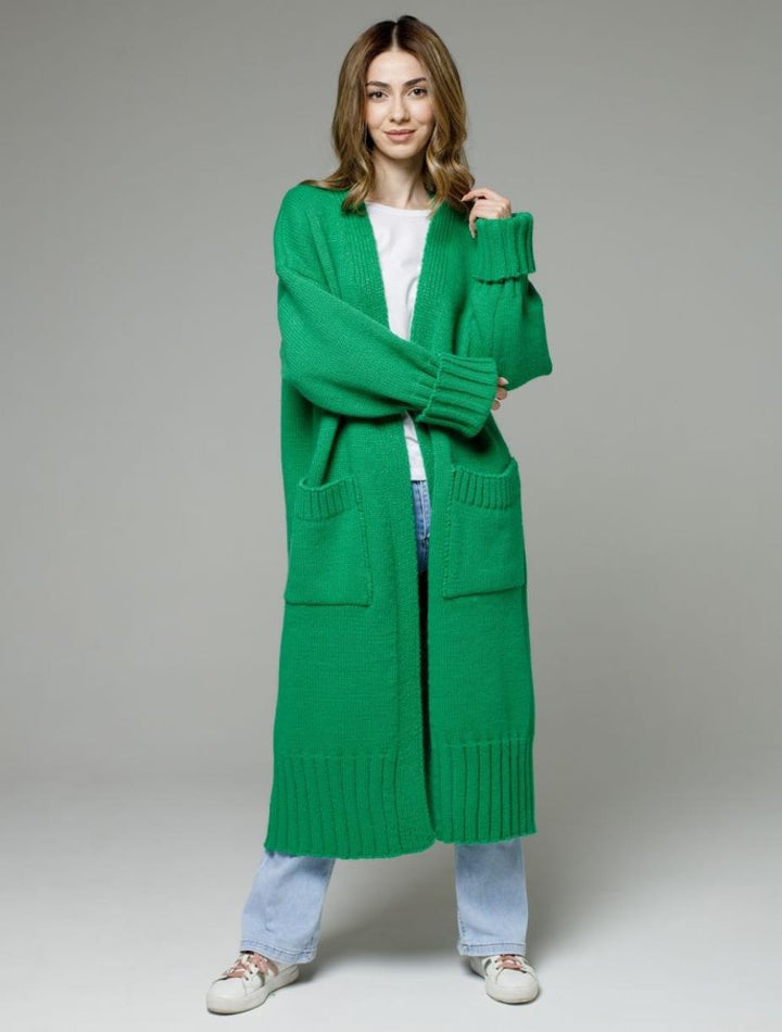 Damen bequemer langer Strickcardigan mit Taschen und breiten Ärmeln Drune