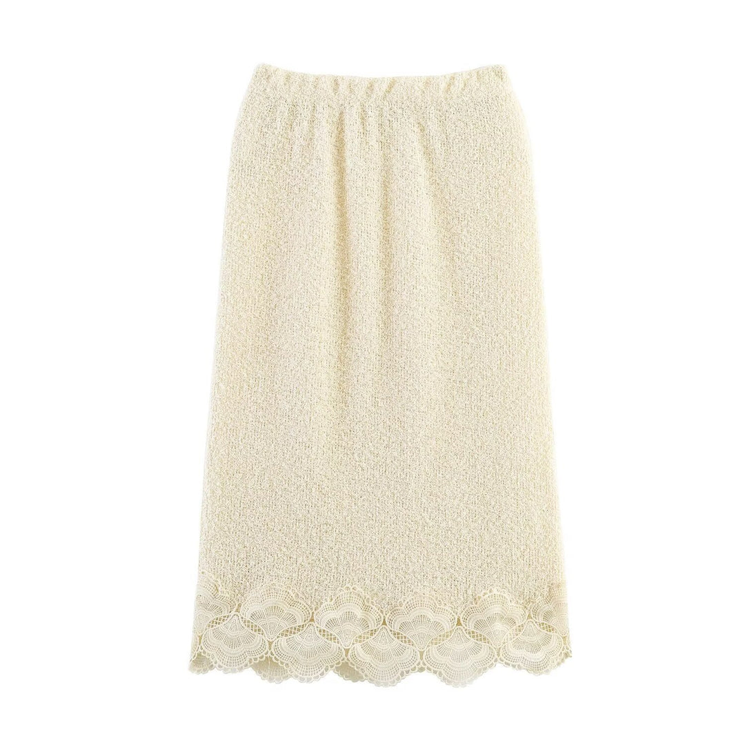Damen Bouclé-Strickpullover mit Spitzenbesatz und gewelltem Saum Drune