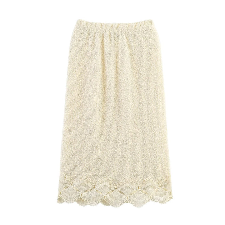 Damen Bouclé-Strickpullover mit Spitzenbesatz und gewelltem Saum Drune