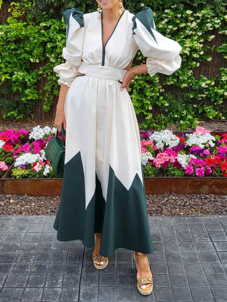 Damen Maxikleid mit ballettartigen Puffärmeln und V-Ausschnitt Drune