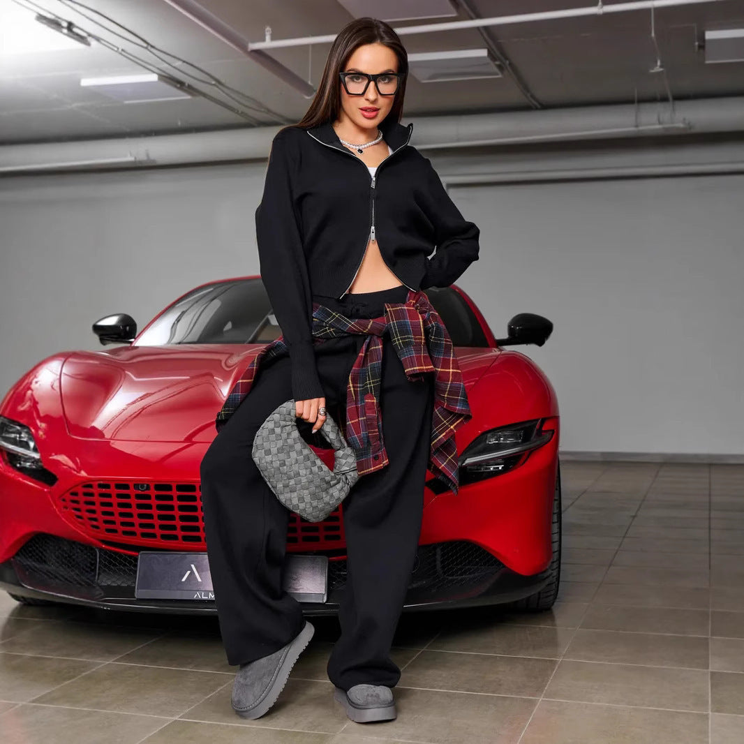 Damen Feinstrick-Zweiteiler mit taillierter Zip-Kapuzenjacke und weiten High‑Waist Kordelhose Drune