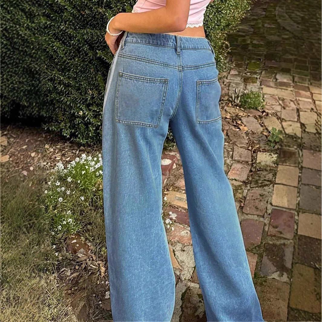 Damen weite Denim-Jeanshose mit sportivem Seitenstreifen Drune