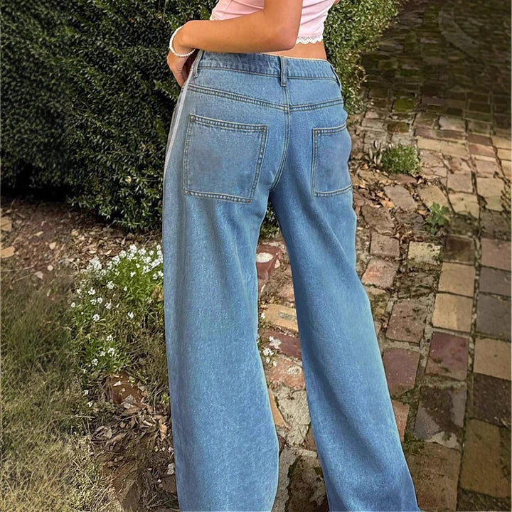 Damen weite Denim-Jeanshose mit sportivem Seitenstreifen Drune