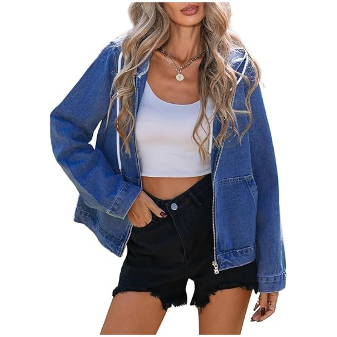 Damen Jeansjacke mit Kapuze, Reißverschluss und Oversize-Schnitt Drune