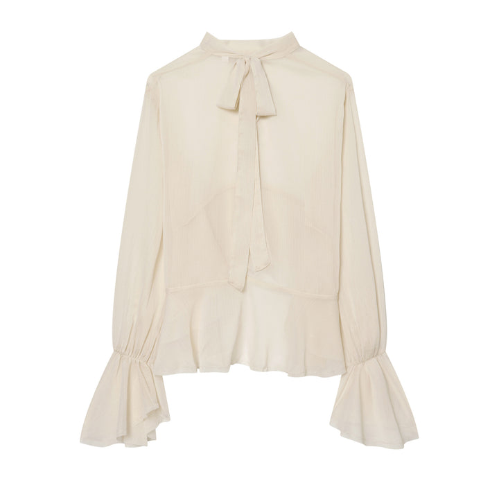 Damen nan transparente Chiffonbluse mit Schleifenkragen, Volantärmeln und Schößchen Drune