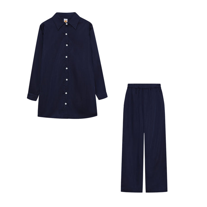 Damen Satin Pyjama Set mit langärmliger Bluse und weiten Hosen Drune