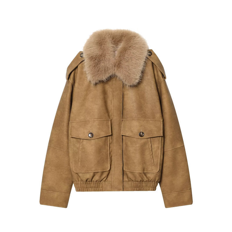 Damen Kurze Bomberjacke im Veloursleder‑Look mit voluminösem Fellkragen, Pattentaschen und elastischem Saum Drune