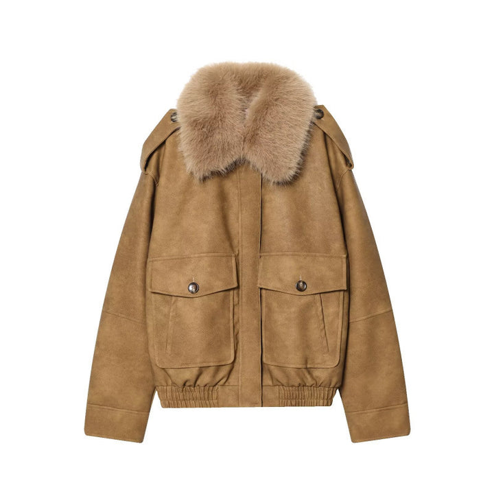 Damen Kurze Bomberjacke im Veloursleder‑Look mit voluminösem Fellkragen, Pattentaschen und elastischem Saum Drune
