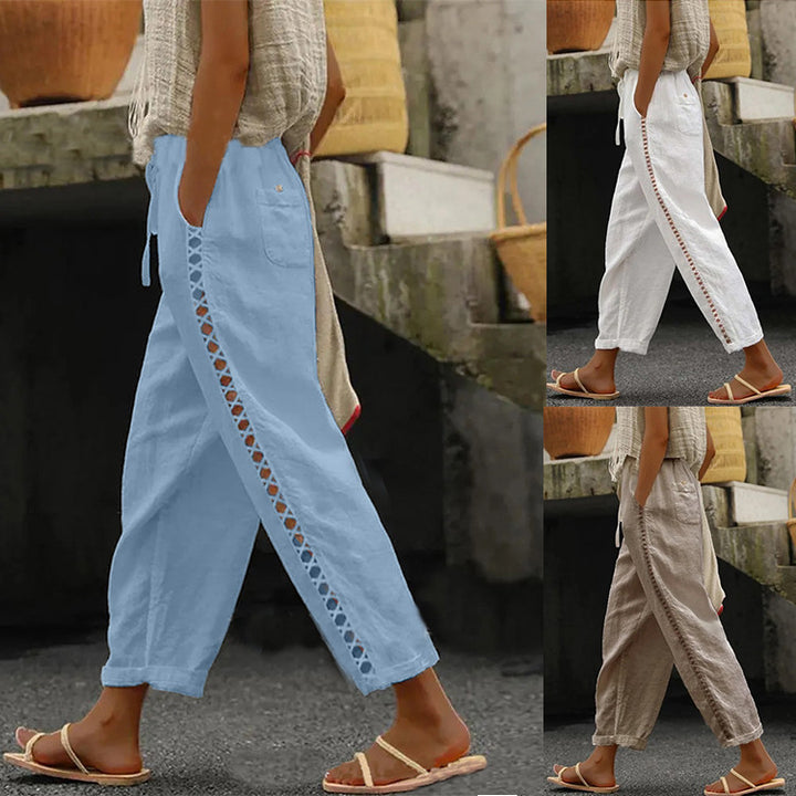 Damen Komfortable Leinenhose mit dekorativem Seitenverschluss Drune
