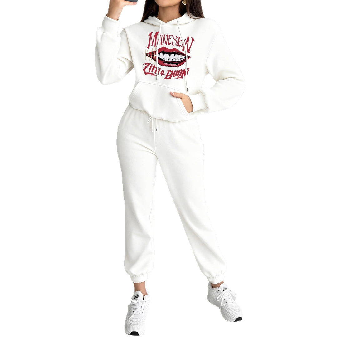 Damen nan Hoodie- und Jogginghose-Set mit Kapuze, Kängurutasche, elastischem Bund und auffälligem Lippen-Statementprint Drune