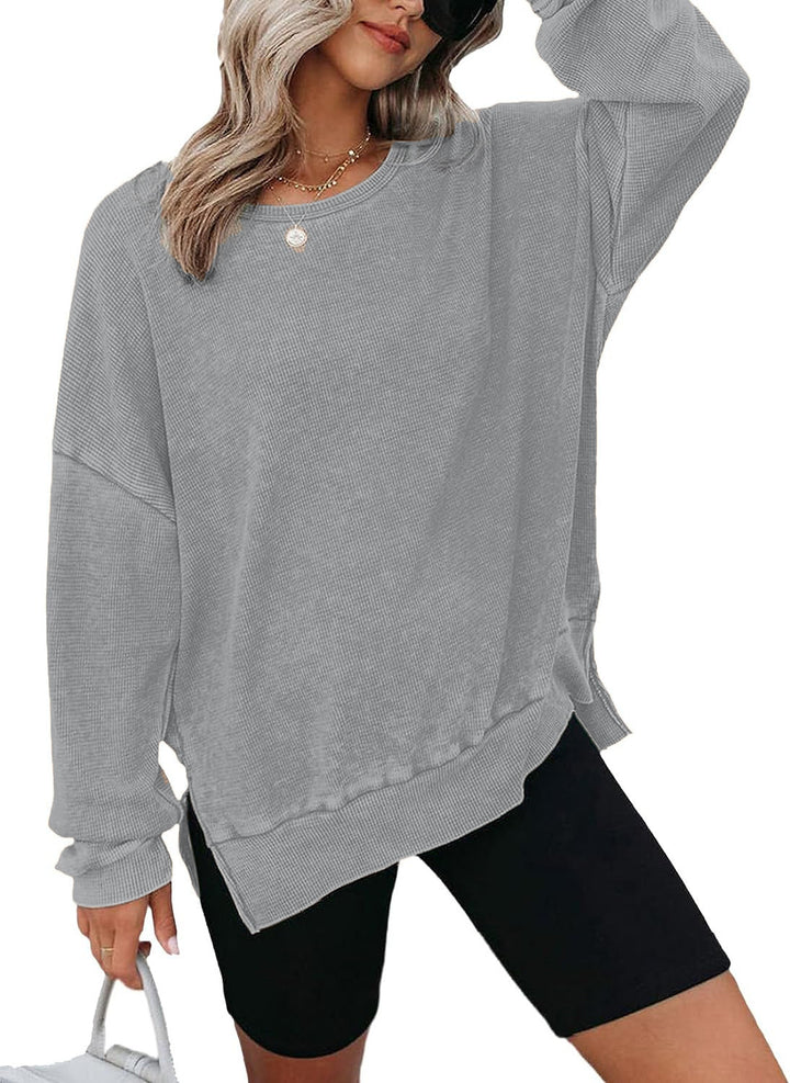Damen Lässiger Waffelpullover mit modernen Seitenschlitzen Drune
