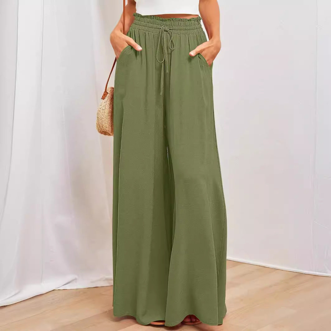 Damen lässige, weite Palazzo-Hosen mit elastischem Taillenbund und Kordelzug Drune
